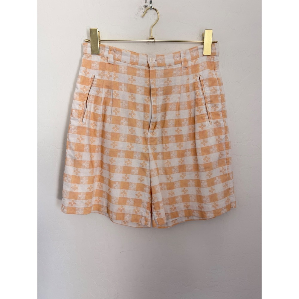 Rachel Antonoff Orange Gingham Floral Linen Blend High Waist Pleated Shorts 6